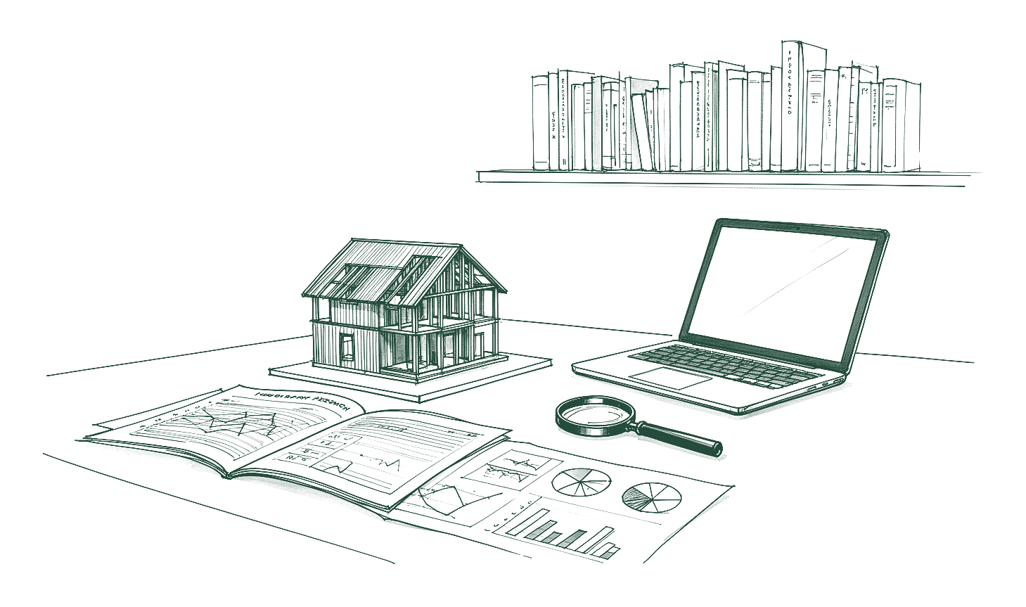 Concept line illustration for a note on research. Not a photograph of a built project.