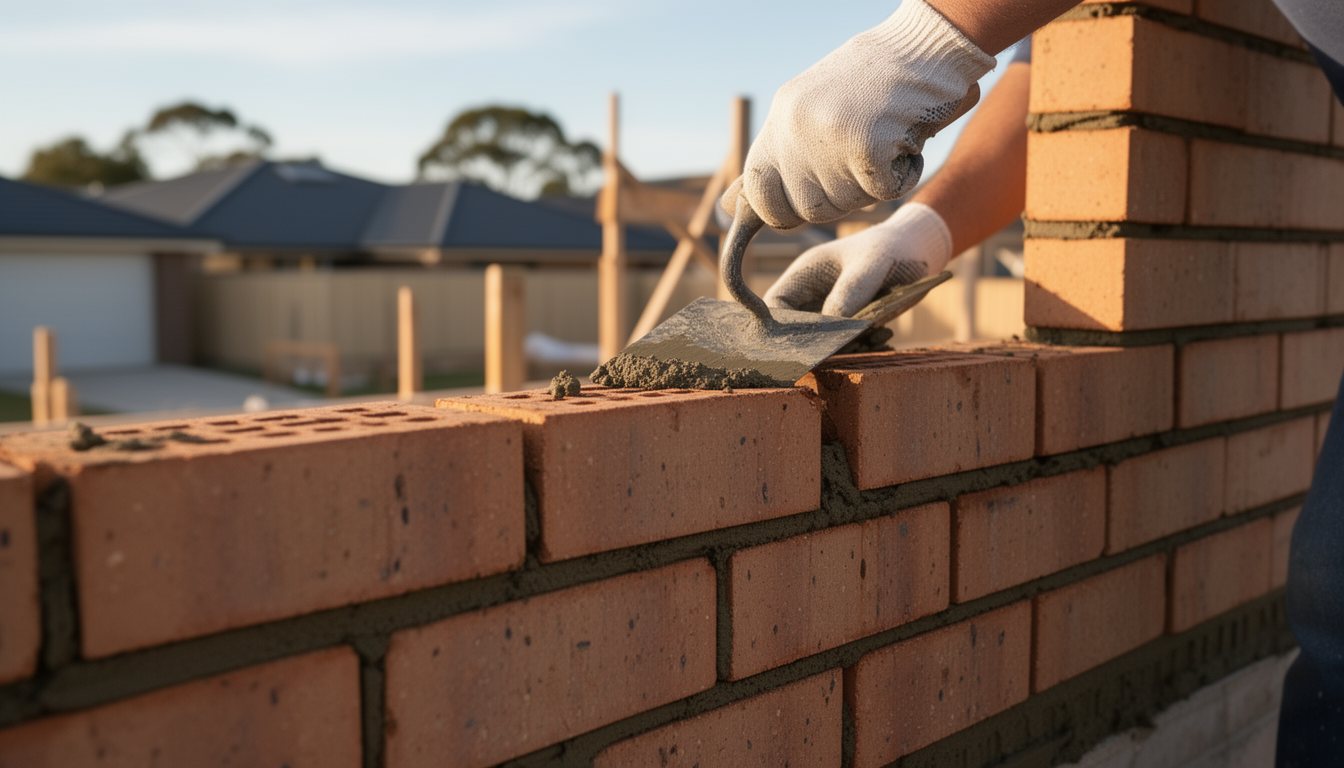 A bricklayer laying face bricks on the wall of a new home in an Australian suburb in warm natural light