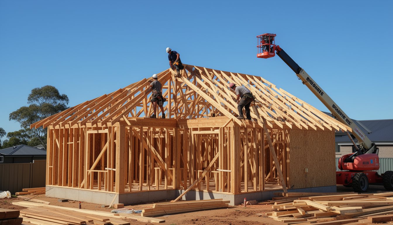 Carpenters installing prefabricated timber roof trusses on a new house frame under a clear Australian sky