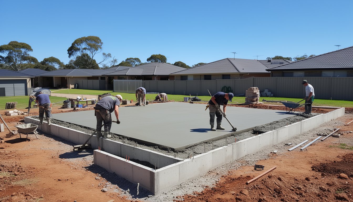Workers finishing a concrete slab on a new house site in an Australian suburb under a clear blue sky