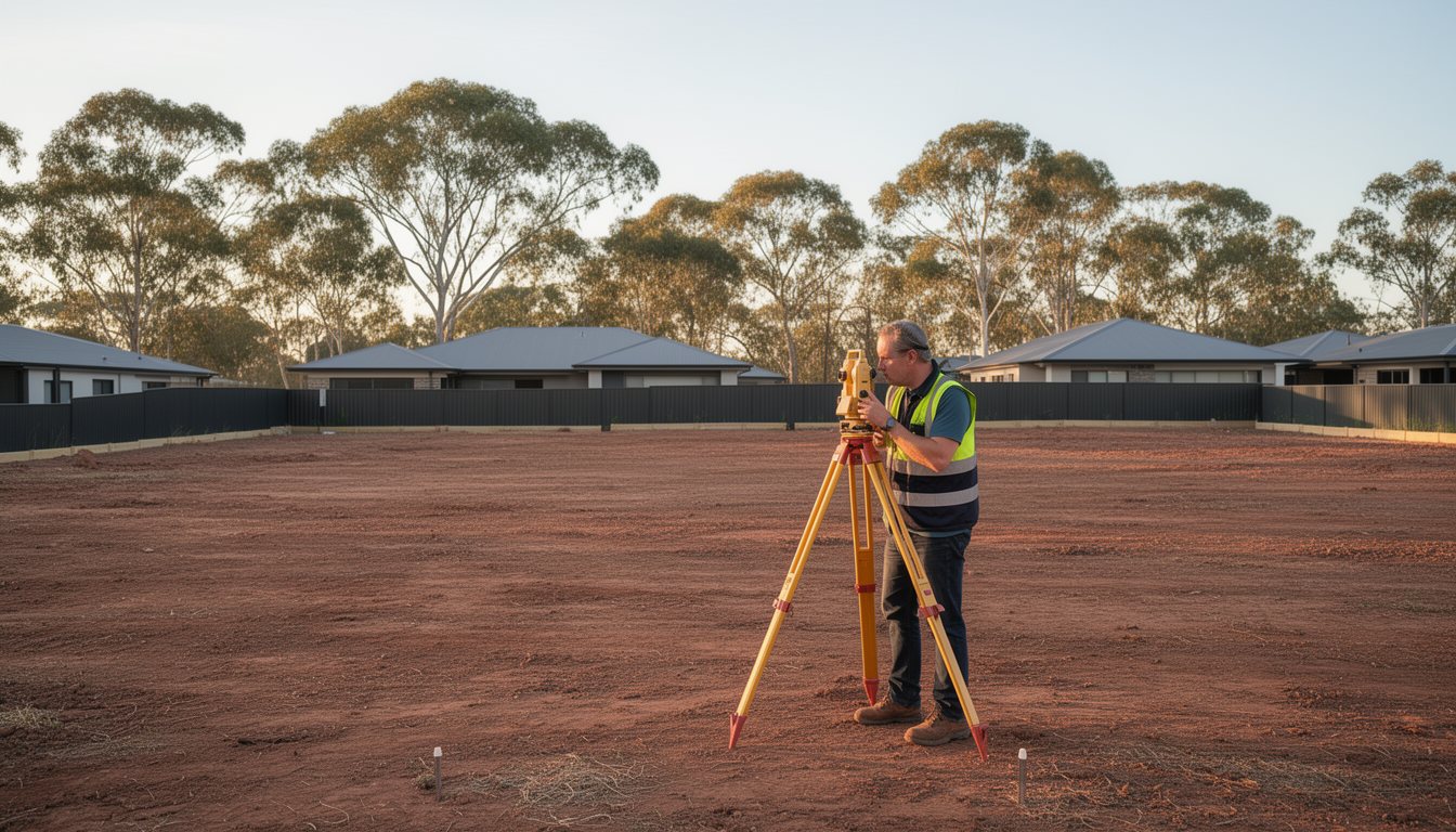 A land surveyor with a tripod and total station on an empty suburban building block in Australia