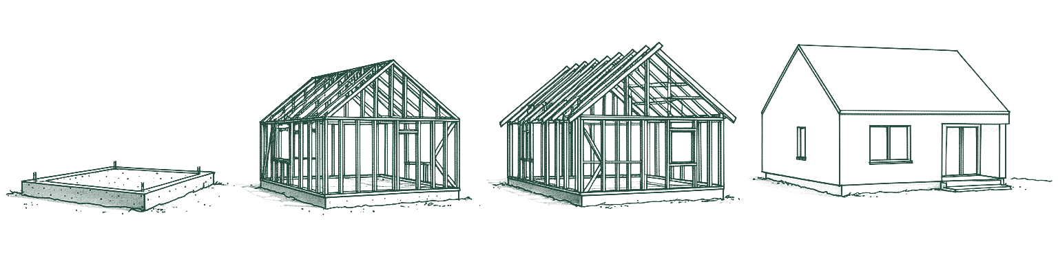 Hand-drawn sequence of a home being built in stages: slab, wall frame, roof trusses, finished house.