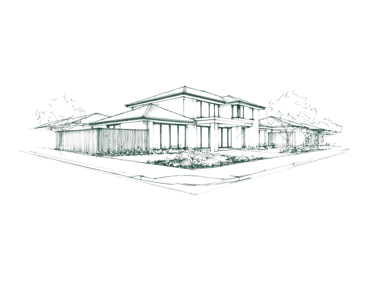 Concept line illustration — new home. Not a photograph of a built project.