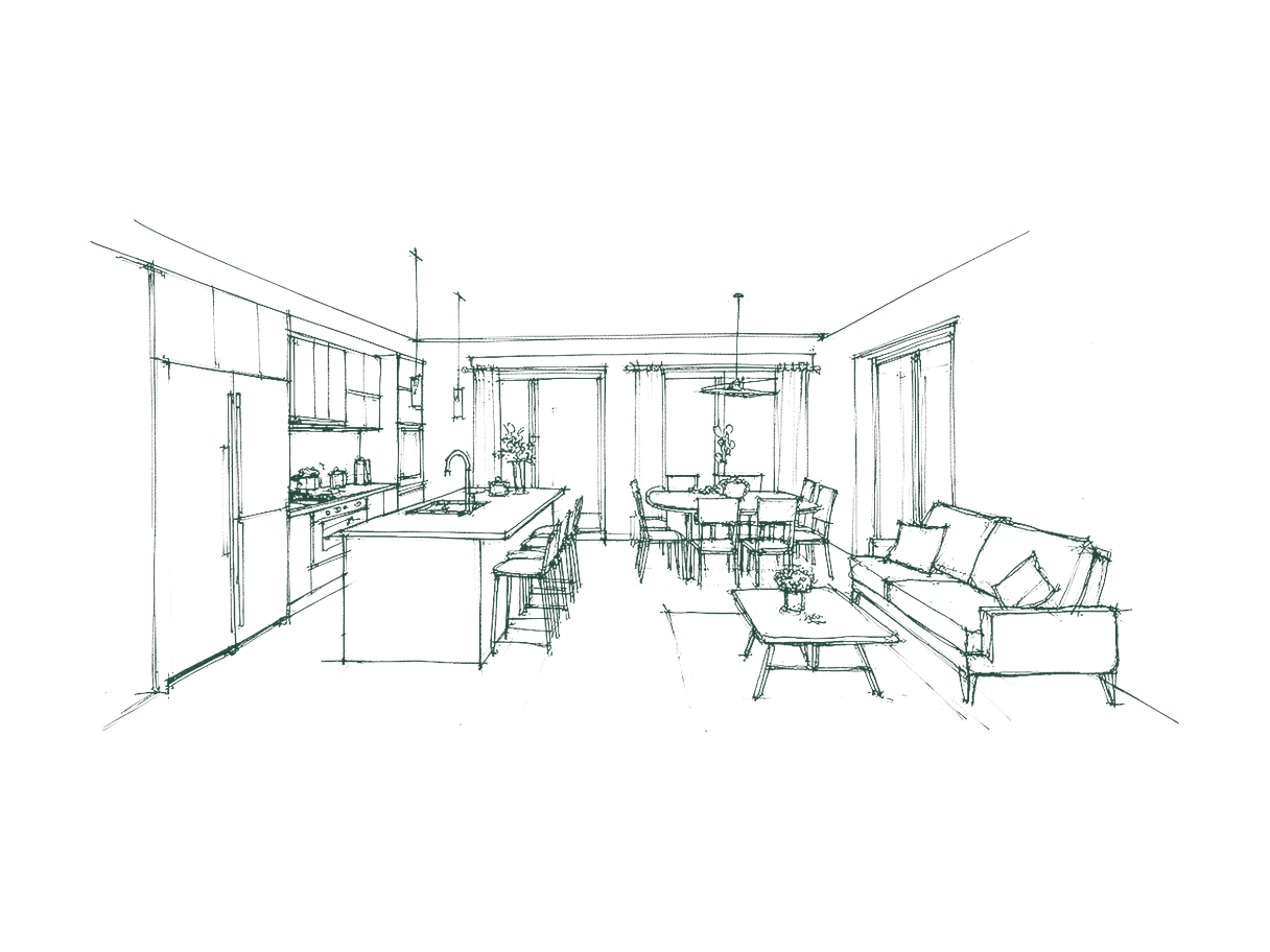 Concept line illustration — renovation and addition. Not a photograph of a built project.