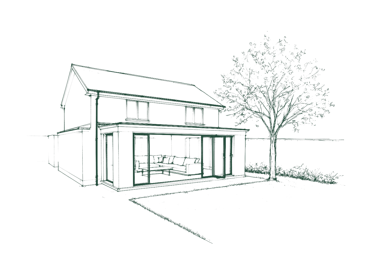 Concept line illustration — renovation and addition. Not a photograph of a built project.